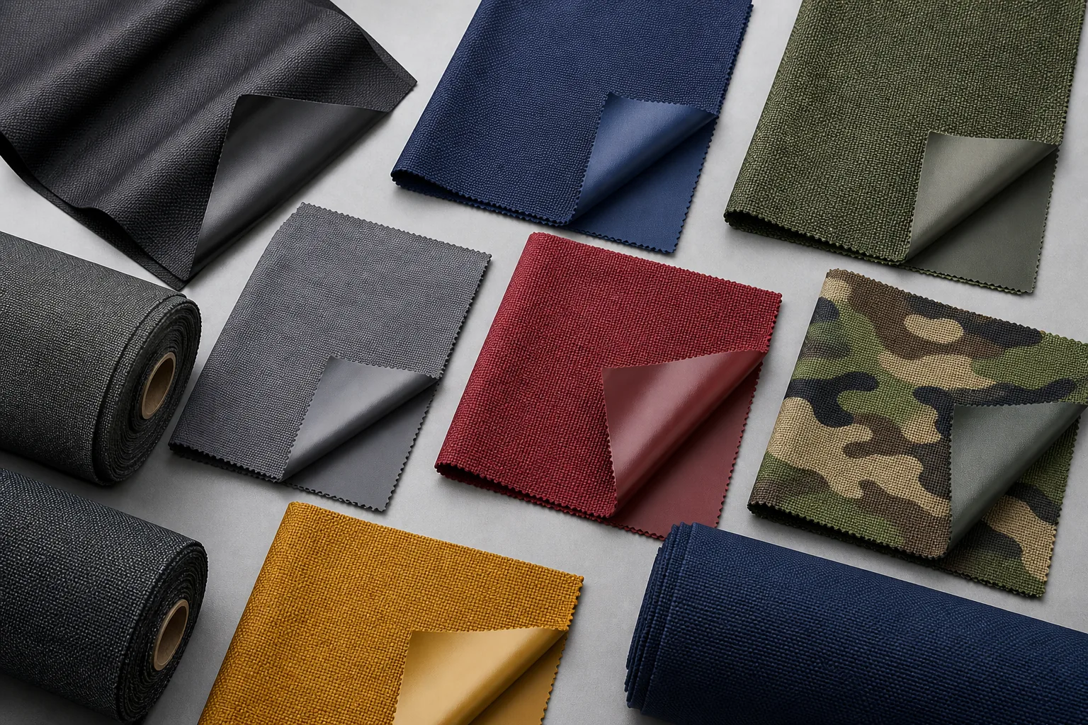 Oxford fabric swatches with different constructions and coated backs